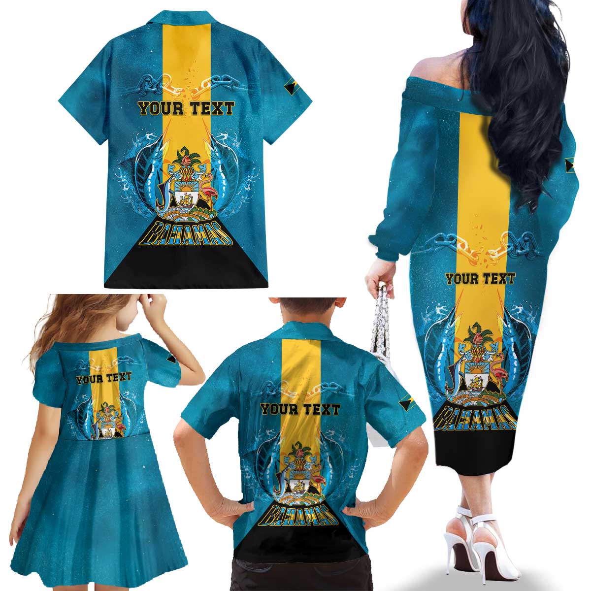 Personalized Bahamas Emancipation Day Family Matching Off The Shoulder Long Sleeve Dress and Hawaiian Shirt Blue Marlin With Coat Of Arms - Wonder Print Shop