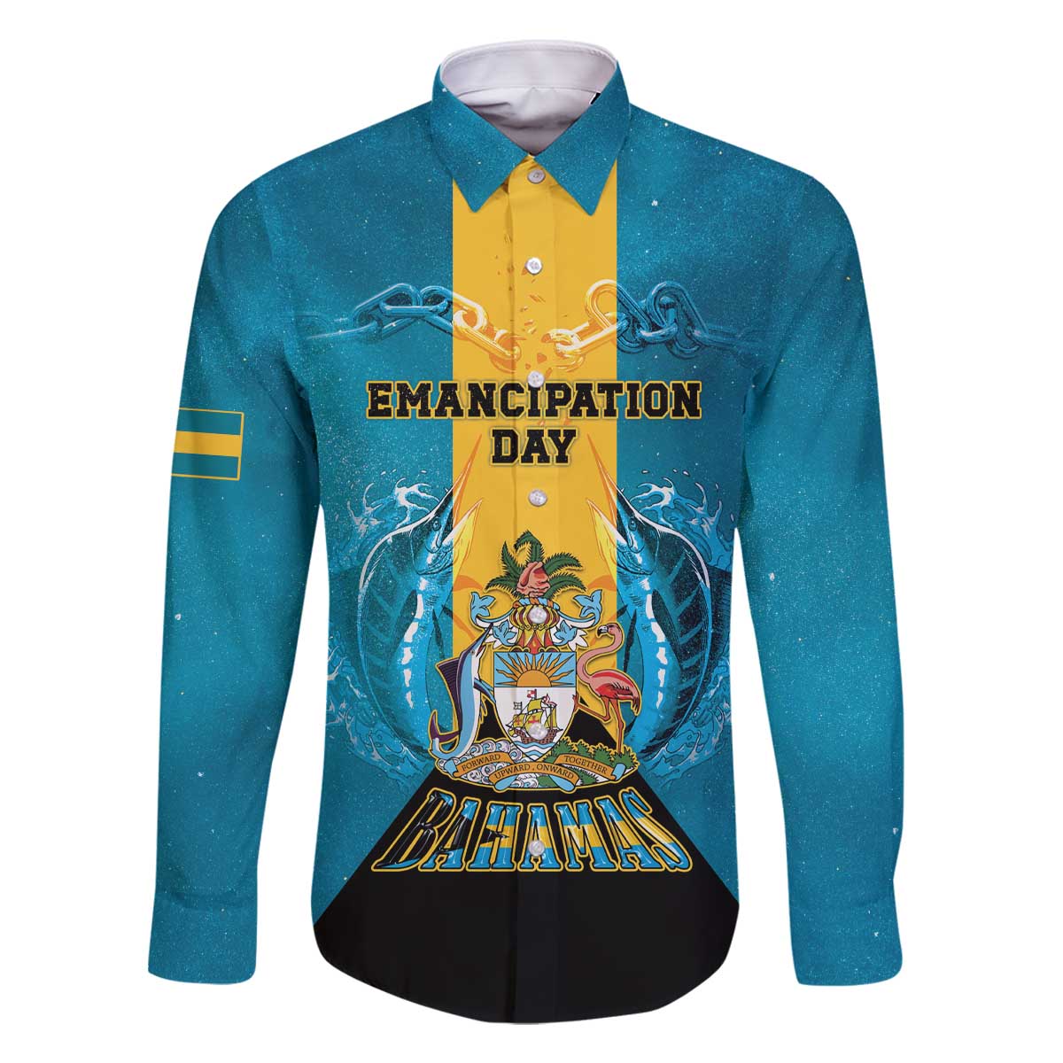 Personalized Bahamas Emancipation Day Family Matching Off The Shoulder Long Sleeve Dress and Hawaiian Shirt Blue Marlin With Coat Of Arms - Wonder Print Shop