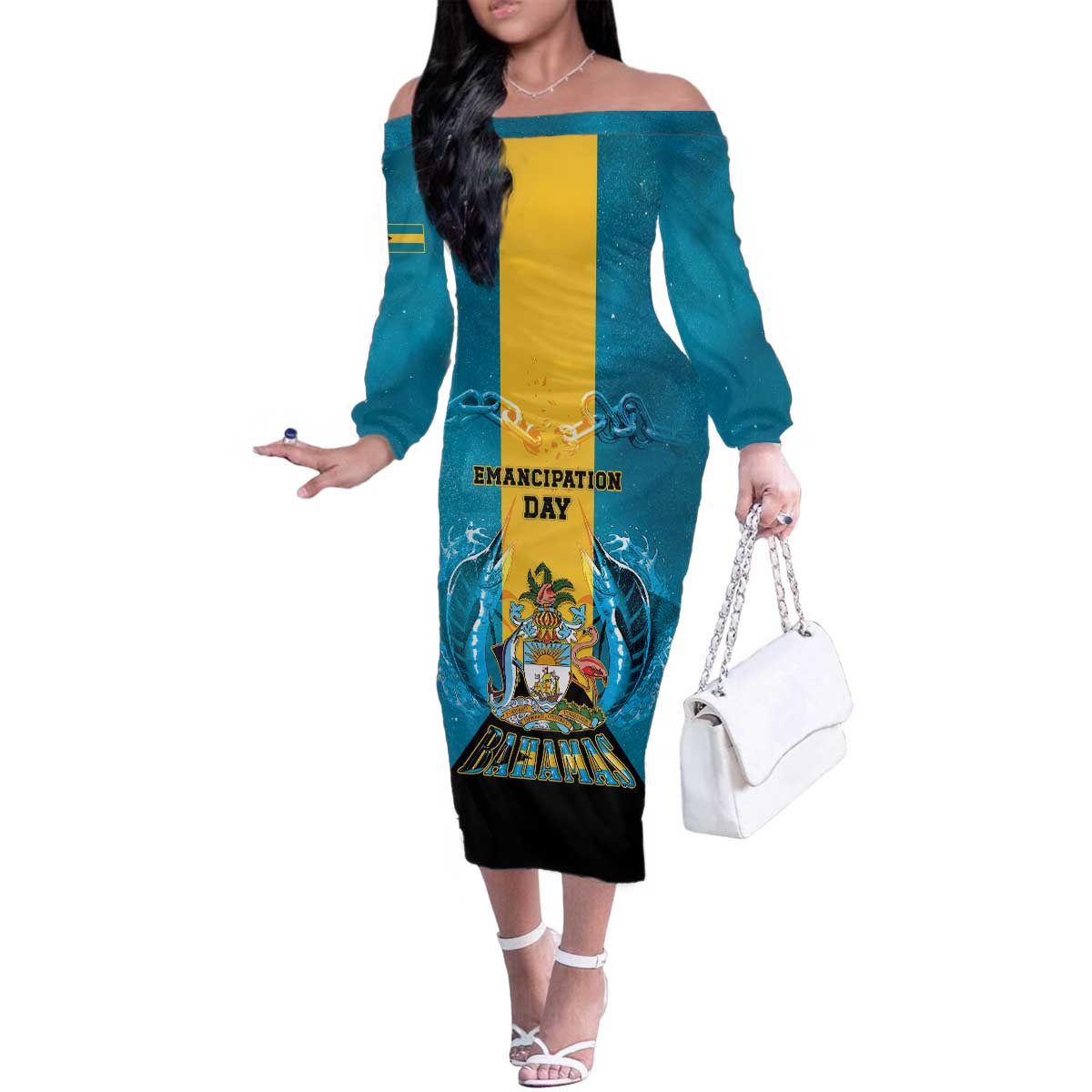 Personalized Bahamas Emancipation Day Family Matching Off The Shoulder Long Sleeve Dress and Hawaiian Shirt Blue Marlin With Coat Of Arms - Wonder Print Shop