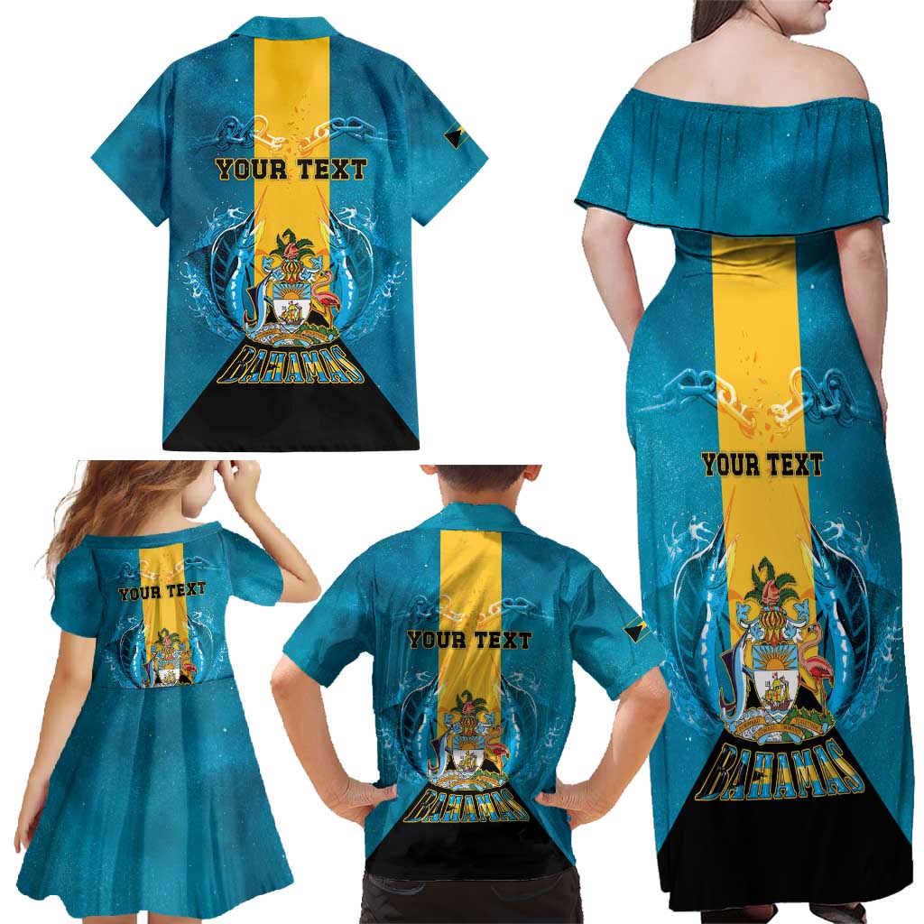 Personalized Bahamas Emancipation Day Family Matching Off Shoulder Maxi Dress and Hawaiian Shirt Blue Marlin With Coat Of Arms - Wonder Print Shop