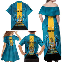 Personalized Bahamas Emancipation Day Family Matching Off Shoulder Maxi Dress and Hawaiian Shirt Blue Marlin With Coat Of Arms - Wonder Print Shop