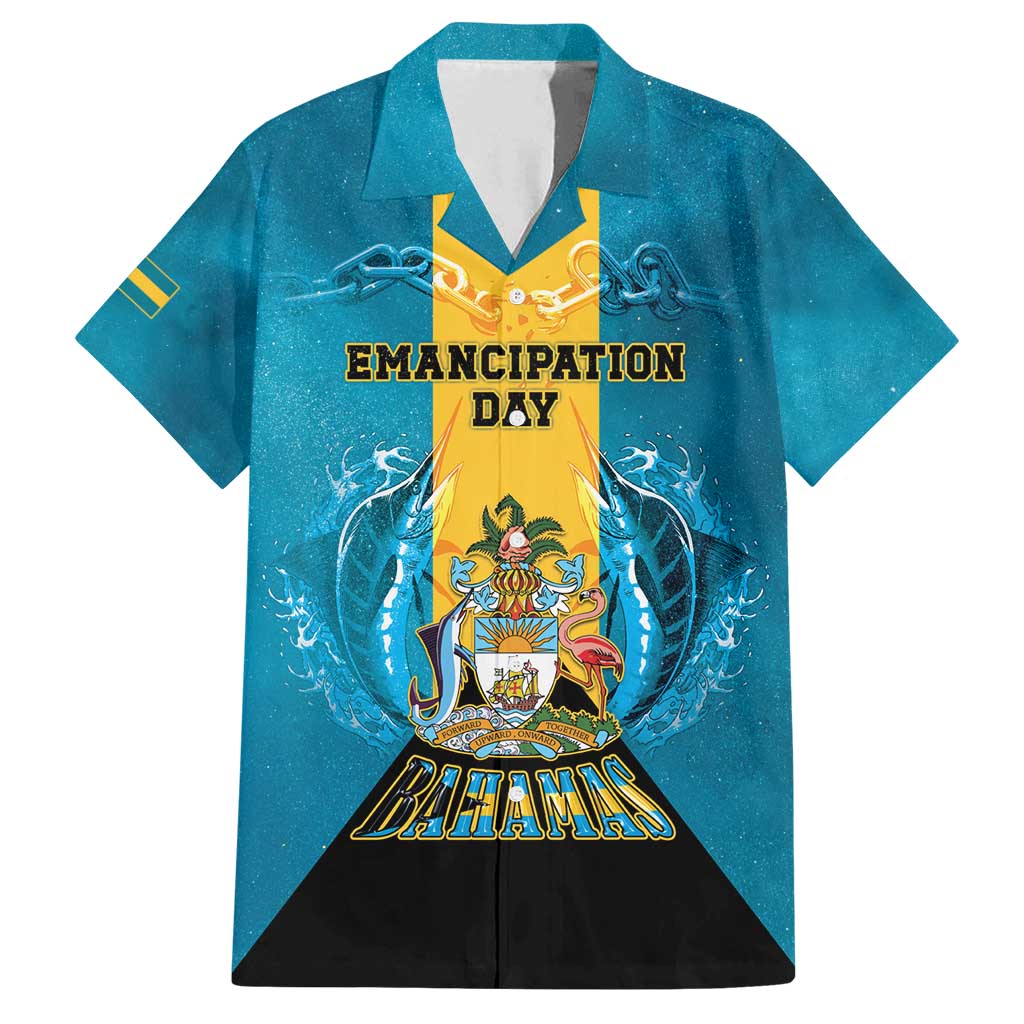 Personalized Bahamas Emancipation Day Family Matching Off Shoulder Maxi Dress and Hawaiian Shirt Blue Marlin With Coat Of Arms - Wonder Print Shop
