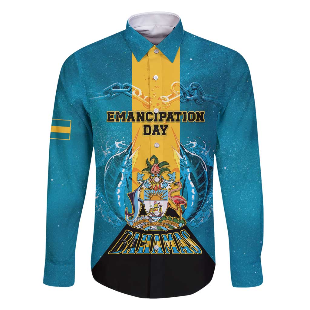 Personalized Bahamas Emancipation Day Family Matching Off Shoulder Maxi Dress and Hawaiian Shirt Blue Marlin With Coat Of Arms - Wonder Print Shop