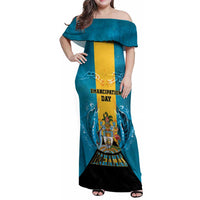 Personalized Bahamas Emancipation Day Family Matching Off Shoulder Maxi Dress and Hawaiian Shirt Blue Marlin With Coat Of Arms - Wonder Print Shop