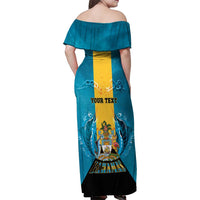 Personalized Bahamas Emancipation Day Family Matching Off Shoulder Maxi Dress and Hawaiian Shirt Blue Marlin With Coat Of Arms - Wonder Print Shop