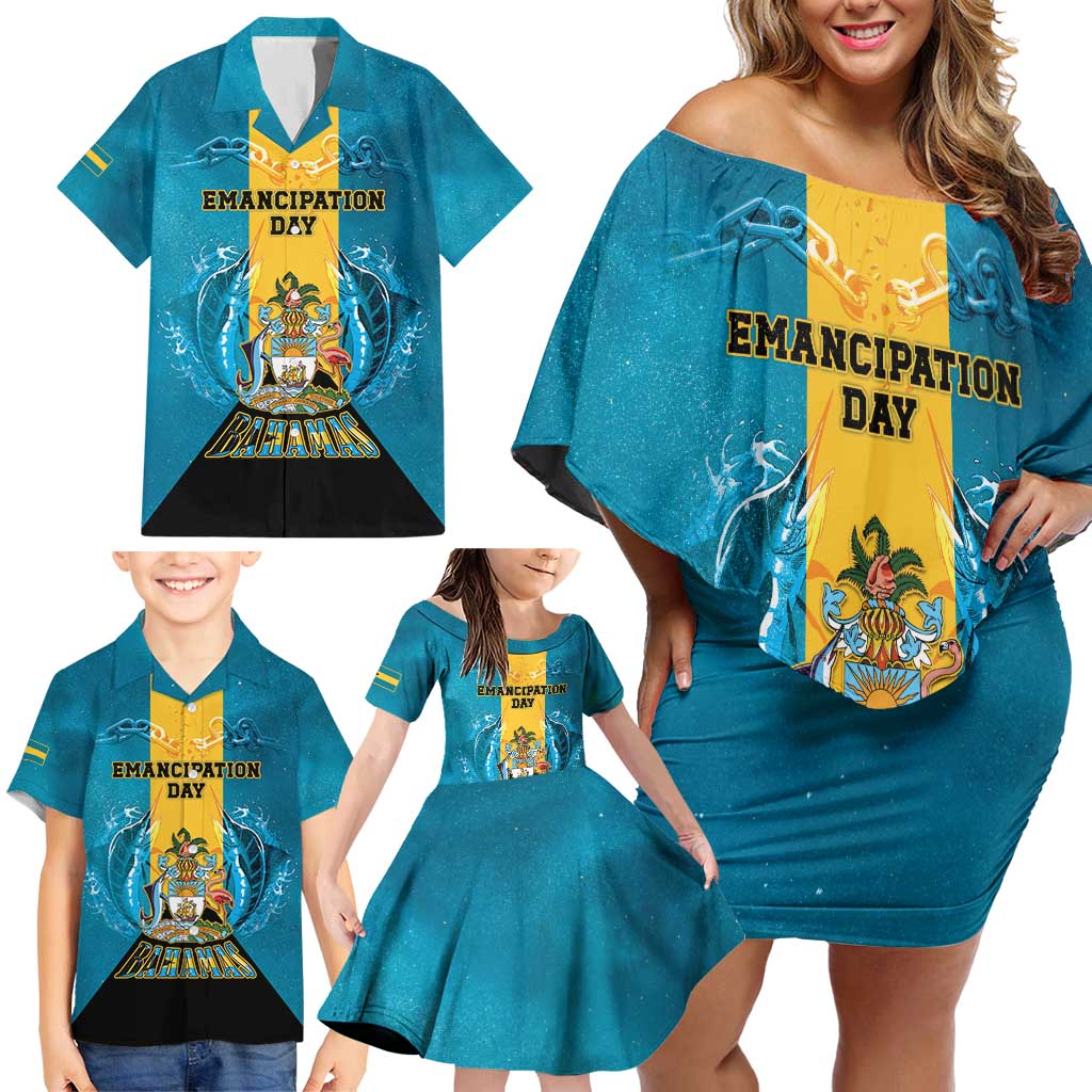 Personalized Bahamas Emancipation Day Family Matching Off Shoulder Short Dress and Hawaiian Shirt Blue Marlin With Coat Of Arms - Wonder Print Shop