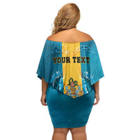 Personalized Bahamas Emancipation Day Family Matching Off Shoulder Short Dress and Hawaiian Shirt Blue Marlin With Coat Of Arms - Wonder Print Shop