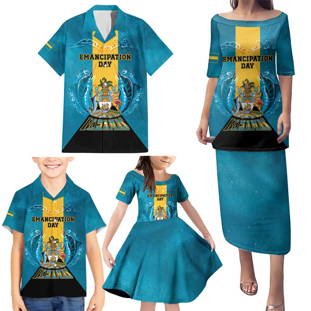 Personalized Bahamas Emancipation Day Family Matching Puletasi and Hawaiian Shirt Blue Marlin With Coat Of Arms - Wonder Print Shop