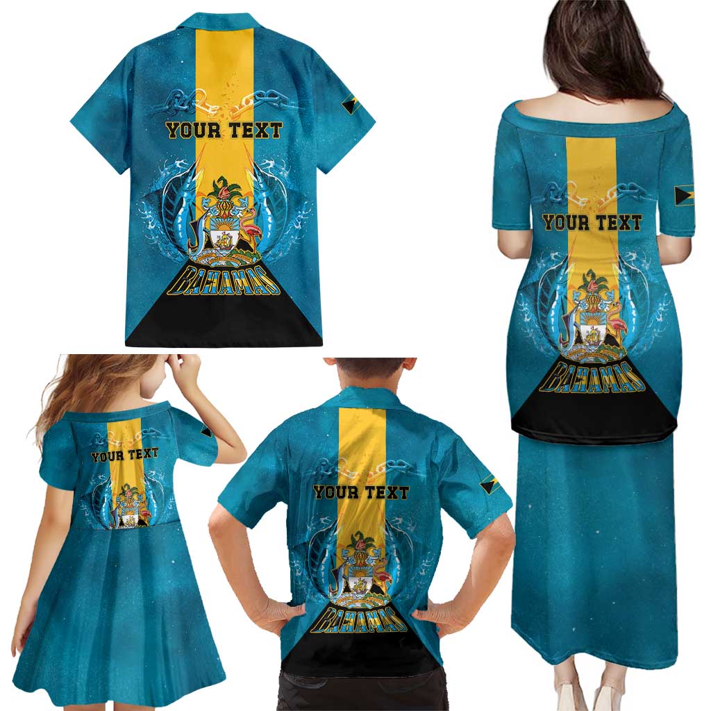 Personalized Bahamas Emancipation Day Family Matching Puletasi and Hawaiian Shirt Blue Marlin With Coat Of Arms - Wonder Print Shop