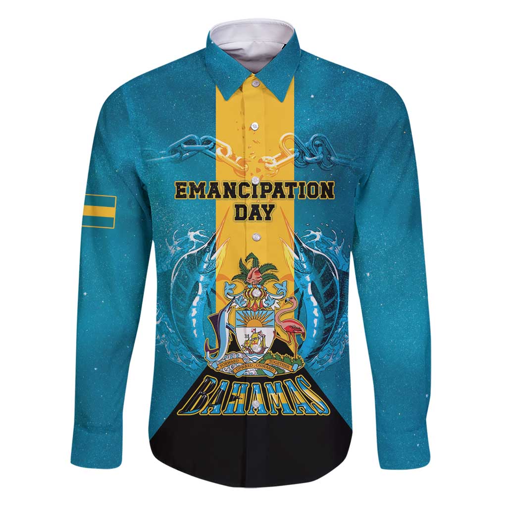 Personalized Bahamas Emancipation Day Family Matching Puletasi and Hawaiian Shirt Blue Marlin With Coat Of Arms - Wonder Print Shop