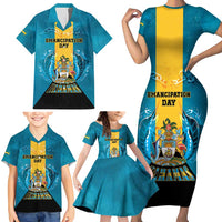 Personalized Bahamas Emancipation Day Family Matching Short Sleeve Bodycon Dress and Hawaiian Shirt Blue Marlin With Coat Of Arms - Wonder Print Shop