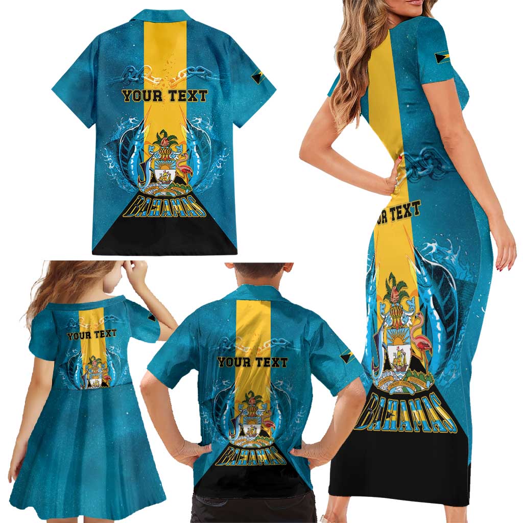 Personalized Bahamas Emancipation Day Family Matching Short Sleeve Bodycon Dress and Hawaiian Shirt Blue Marlin With Coat Of Arms - Wonder Print Shop