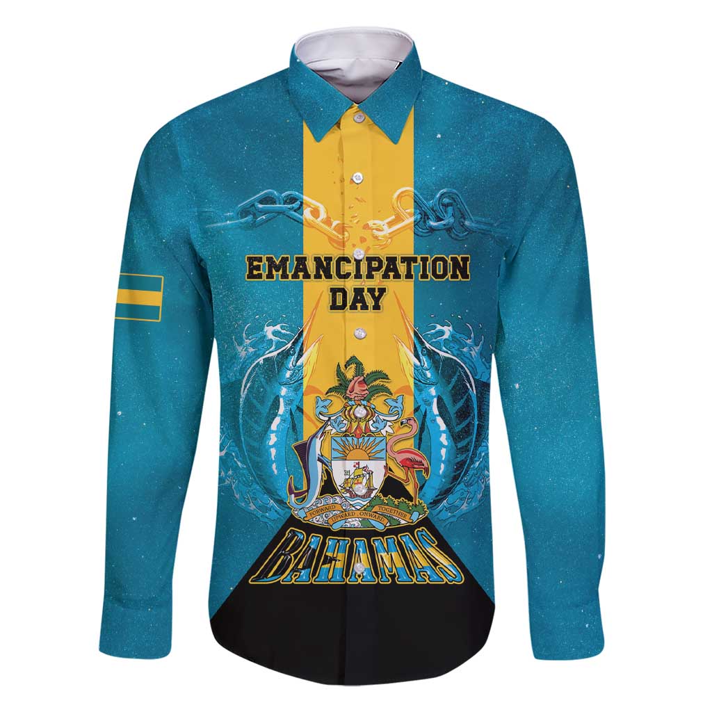 Personalized Bahamas Emancipation Day Family Matching Short Sleeve Bodycon Dress and Hawaiian Shirt Blue Marlin With Coat Of Arms - Wonder Print Shop