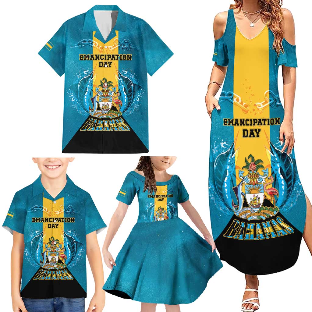 Personalized Bahamas Emancipation Day Family Matching Summer Maxi Dress and Hawaiian Shirt Blue Marlin With Coat Of Arms - Wonder Print Shop