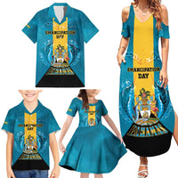 Personalized Bahamas Emancipation Day Family Matching Summer Maxi Dress and Hawaiian Shirt Blue Marlin With Coat Of Arms - Wonder Print Shop