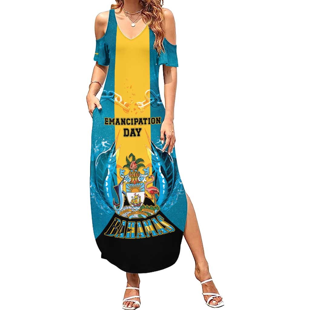 Personalized Bahamas Emancipation Day Family Matching Summer Maxi Dress and Hawaiian Shirt Blue Marlin With Coat Of Arms - Wonder Print Shop