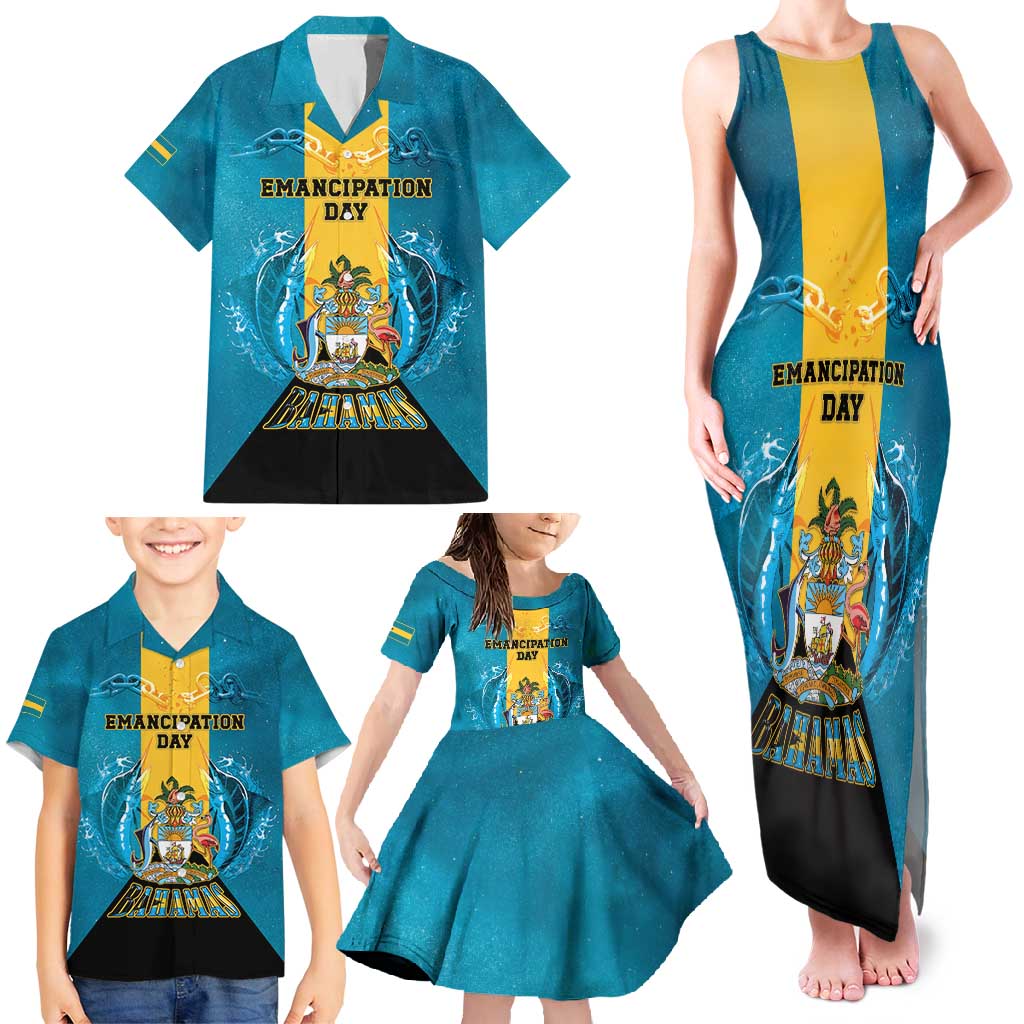 Personalized Bahamas Emancipation Day Family Matching Tank Maxi Dress and Hawaiian Shirt Blue Marlin With Coat Of Arms - Wonder Print Shop