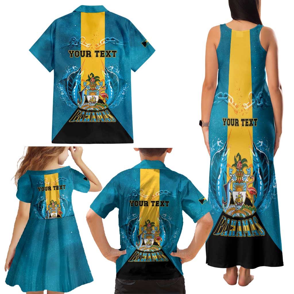 Personalized Bahamas Emancipation Day Family Matching Tank Maxi Dress and Hawaiian Shirt Blue Marlin With Coat Of Arms - Wonder Print Shop