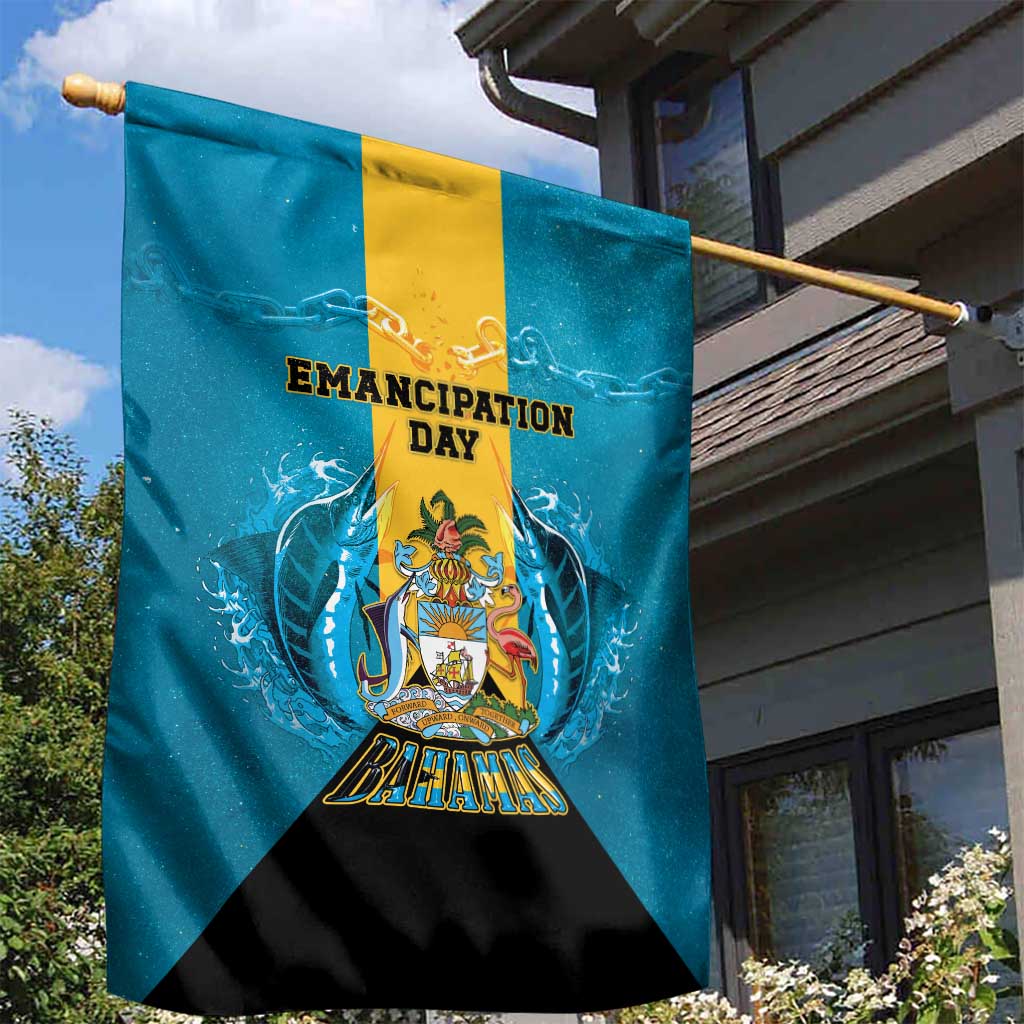 Bahamas Emancipation Day Garden Flag Blue Marlin With Coat Of Arms - Wonder Print Shop