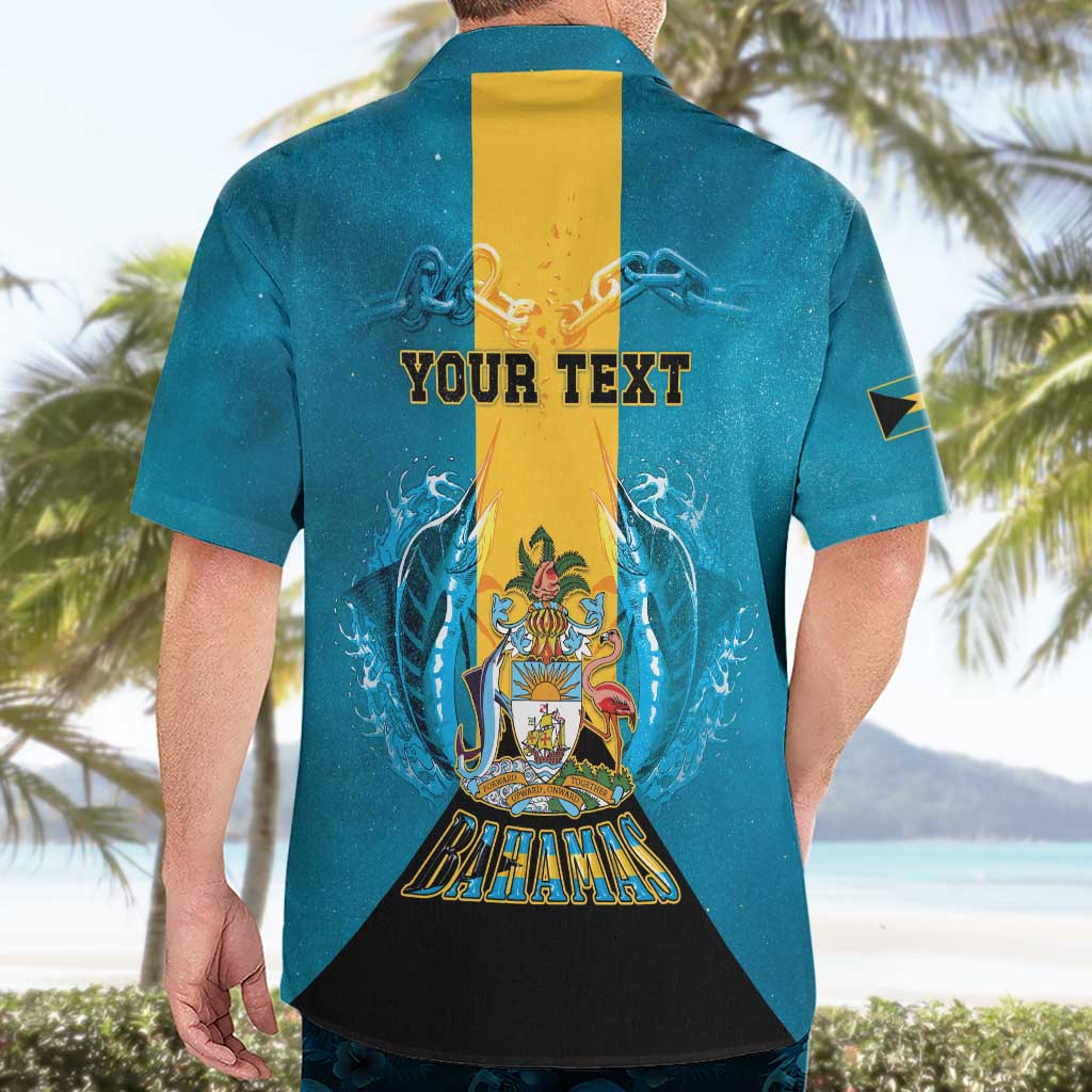 Personalized Bahamas Emancipation Day Hawaiian Shirt Blue Marlin With Coat Of Arms - Wonder Print Shop