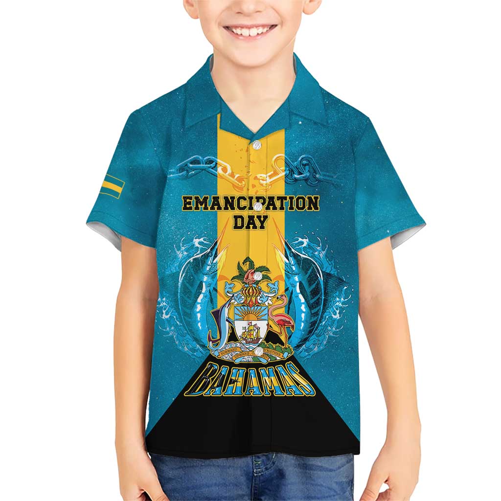 Personalized Bahamas Emancipation Day Hawaiian Shirt Blue Marlin With Coat Of Arms - Wonder Print Shop