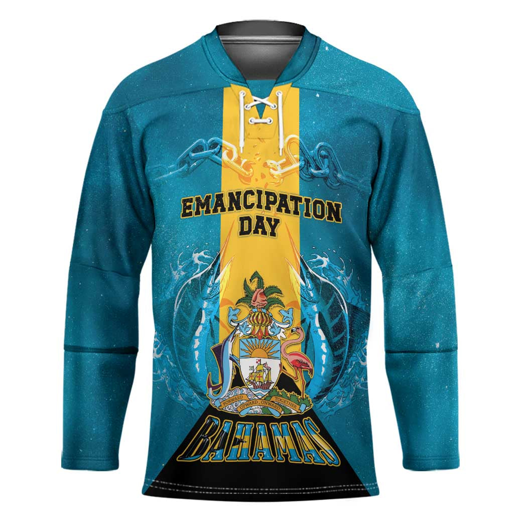 Personalized Bahamas Emancipation Day Hockey Jersey Blue Marlin With Coat Of Arms - Wonder Print Shop