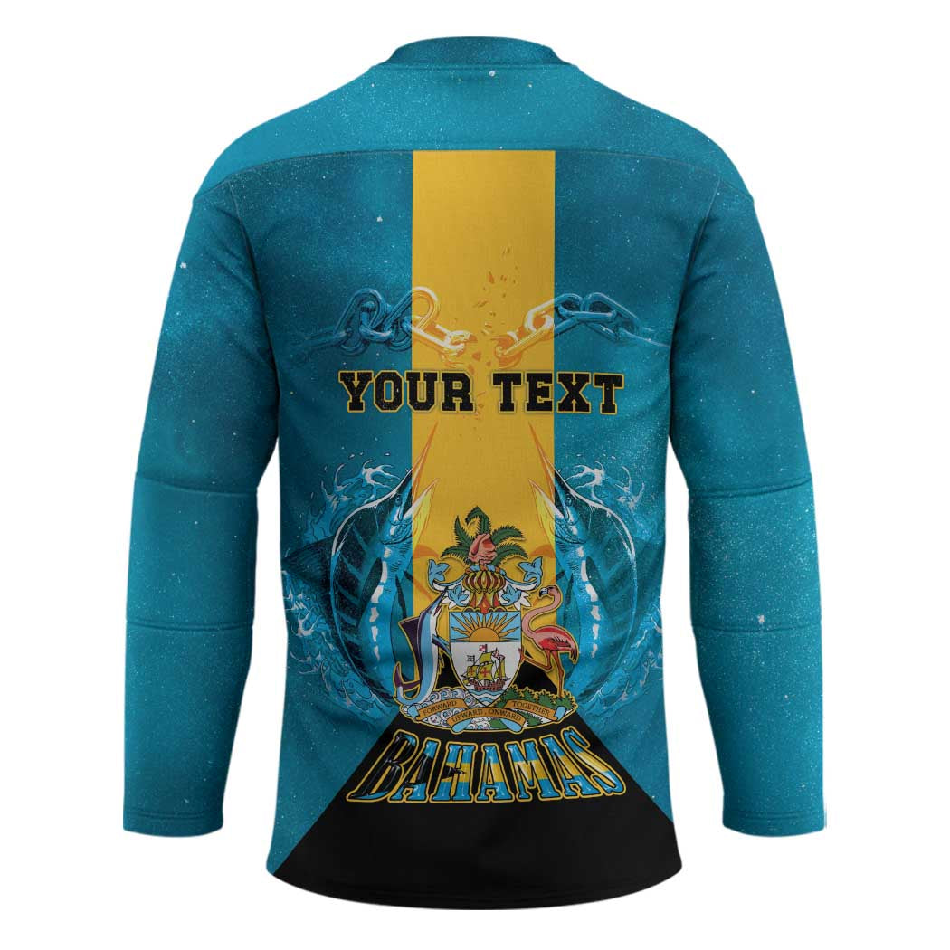Personalized Bahamas Emancipation Day Hockey Jersey Blue Marlin With Coat Of Arms - Wonder Print Shop
