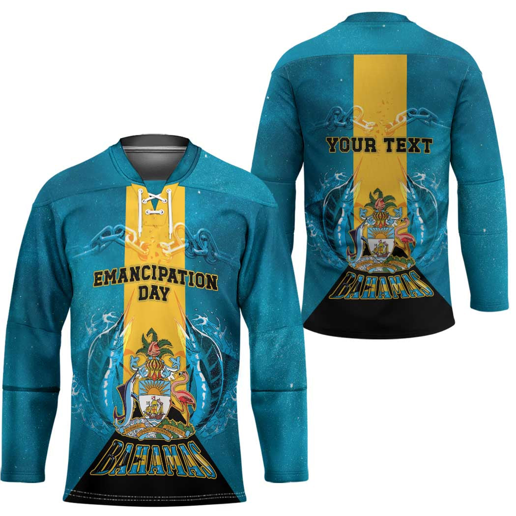 Personalized Bahamas Emancipation Day Hockey Jersey Blue Marlin With Coat Of Arms - Wonder Print Shop