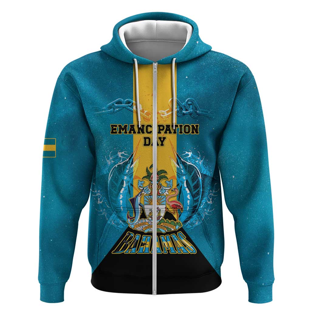 Personalized Bahamas Emancipation Day Hoodie Blue Marlin With Coat Of Arms - Wonder Print Shop