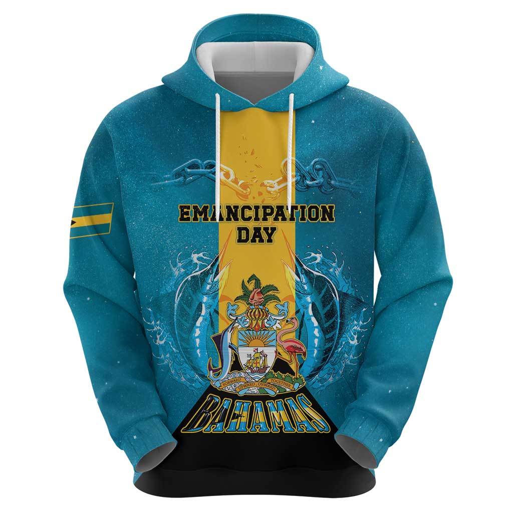Personalized Bahamas Emancipation Day Hoodie Blue Marlin With Coat Of Arms - Wonder Print Shop