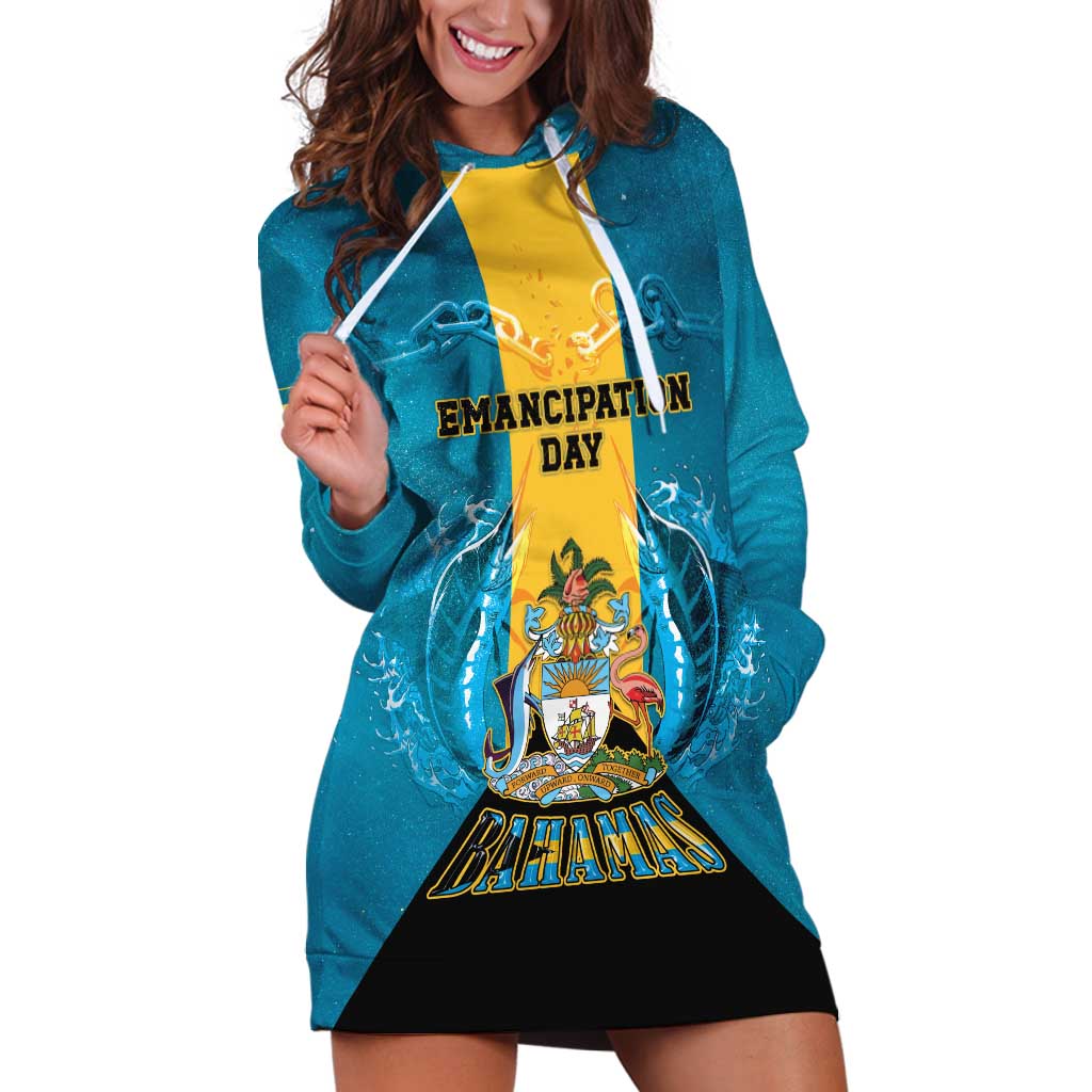 Personalized Bahamas Emancipation Day Hoodie Dress Blue Marlin With Coat Of Arms - Wonder Print Shop