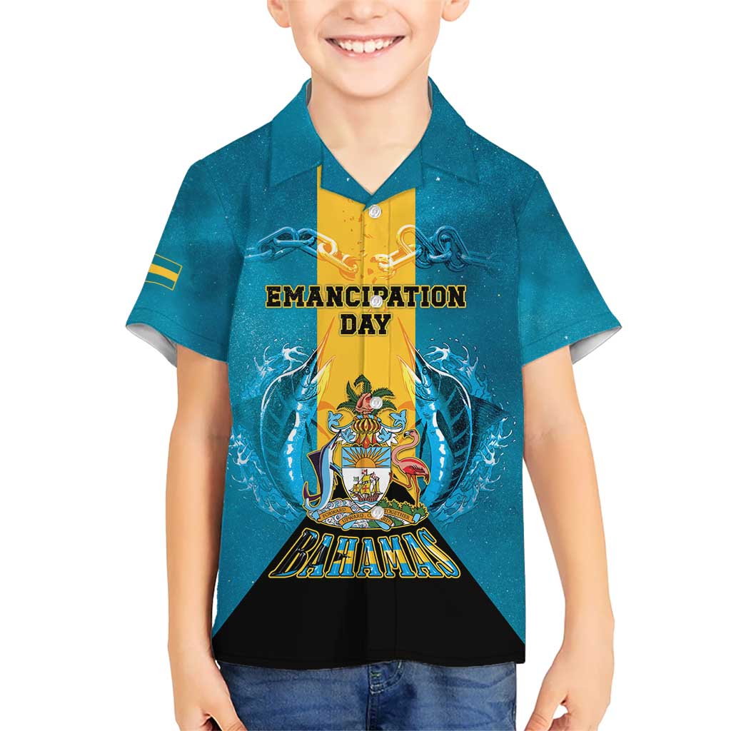 Personalized Bahamas Emancipation Day Kid Hawaiian Shirt Blue Marlin With Coat Of Arms - Wonder Print Shop