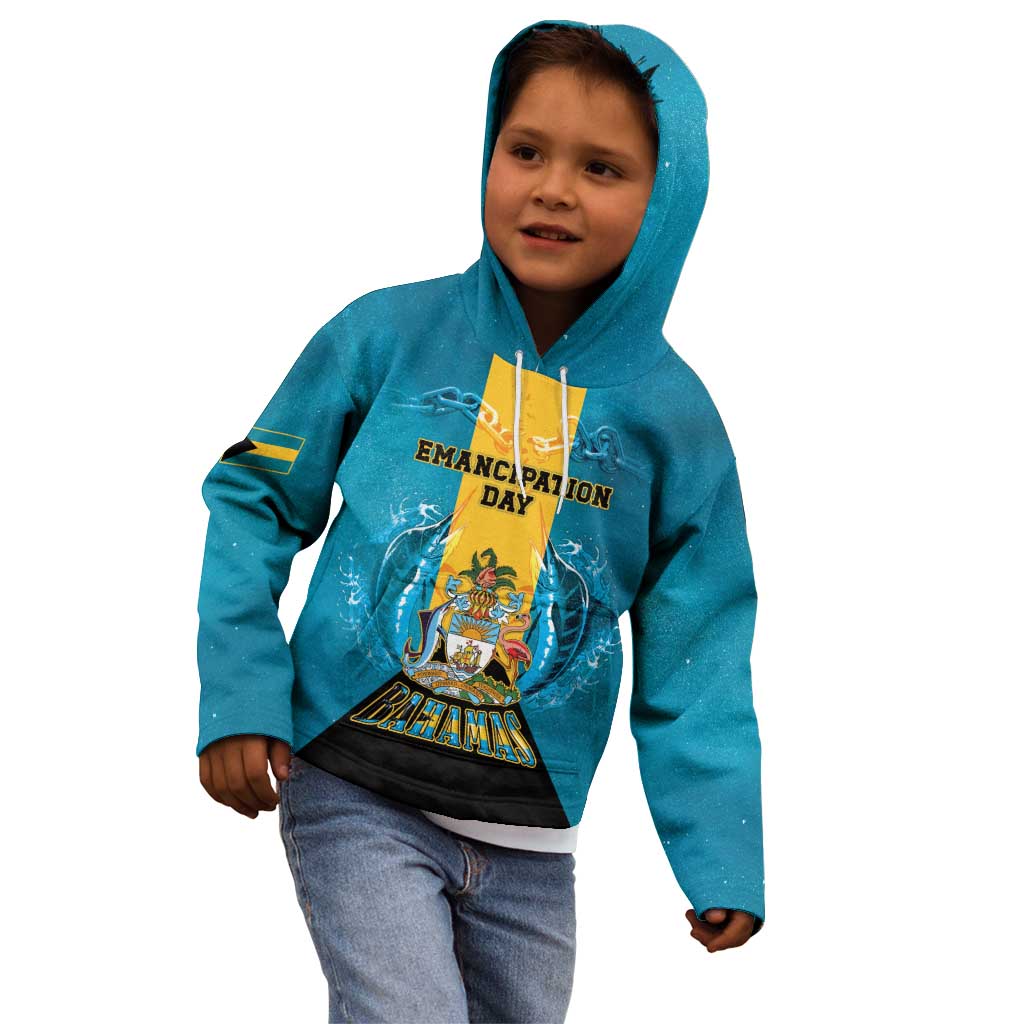 Personalized Bahamas Emancipation Day Kid Hoodie Blue Marlin With Coat Of Arms - Wonder Print Shop