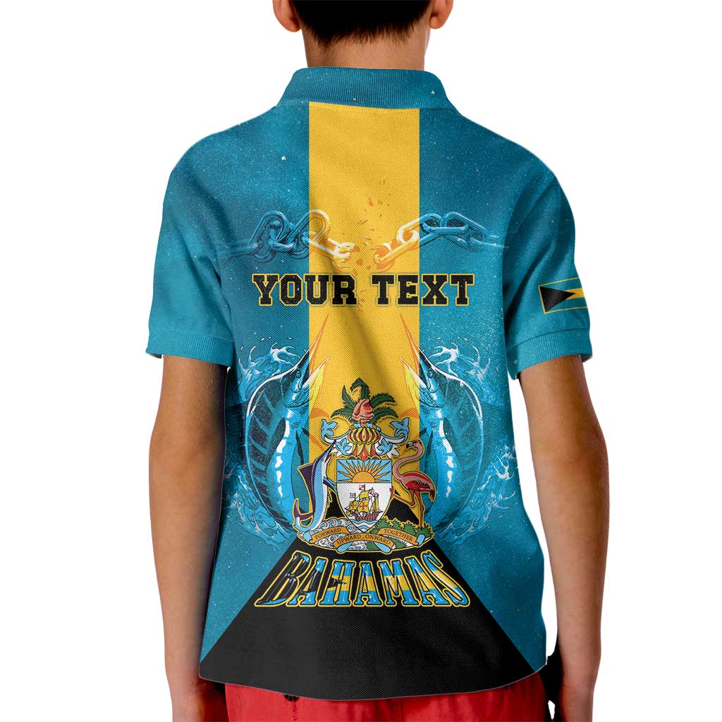 Personalized Bahamas Emancipation Day Kid Polo Shirt Blue Marlin With Coat Of Arms - Wonder Print Shop