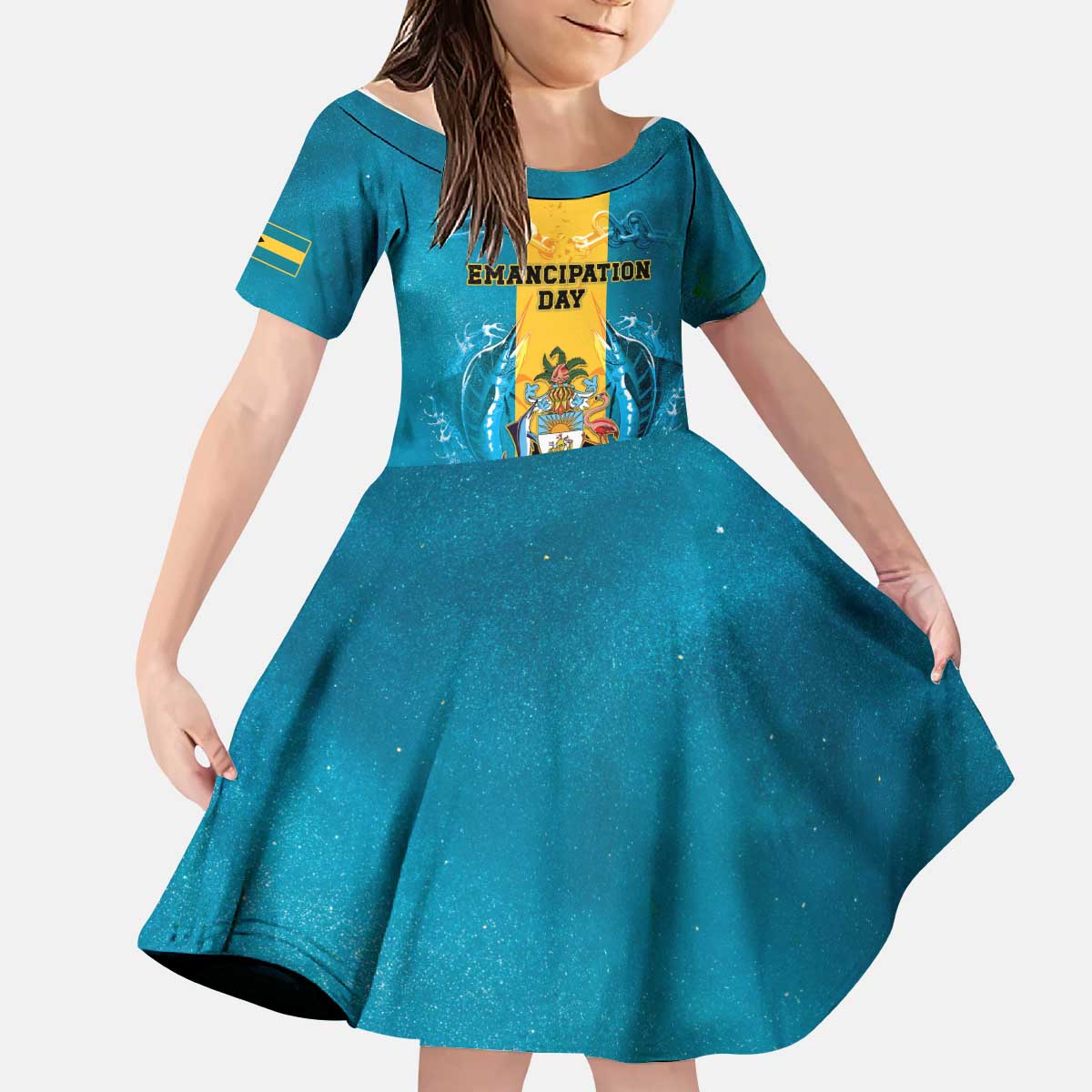 Personalized Bahamas Emancipation Day Kid Short Sleeve Dress Blue Marlin With Coat Of Arms - Wonder Print Shop