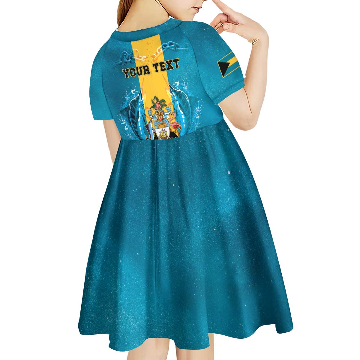 Personalized Bahamas Emancipation Day Kid Short Sleeve Dress Blue Marlin With Coat Of Arms - Wonder Print Shop