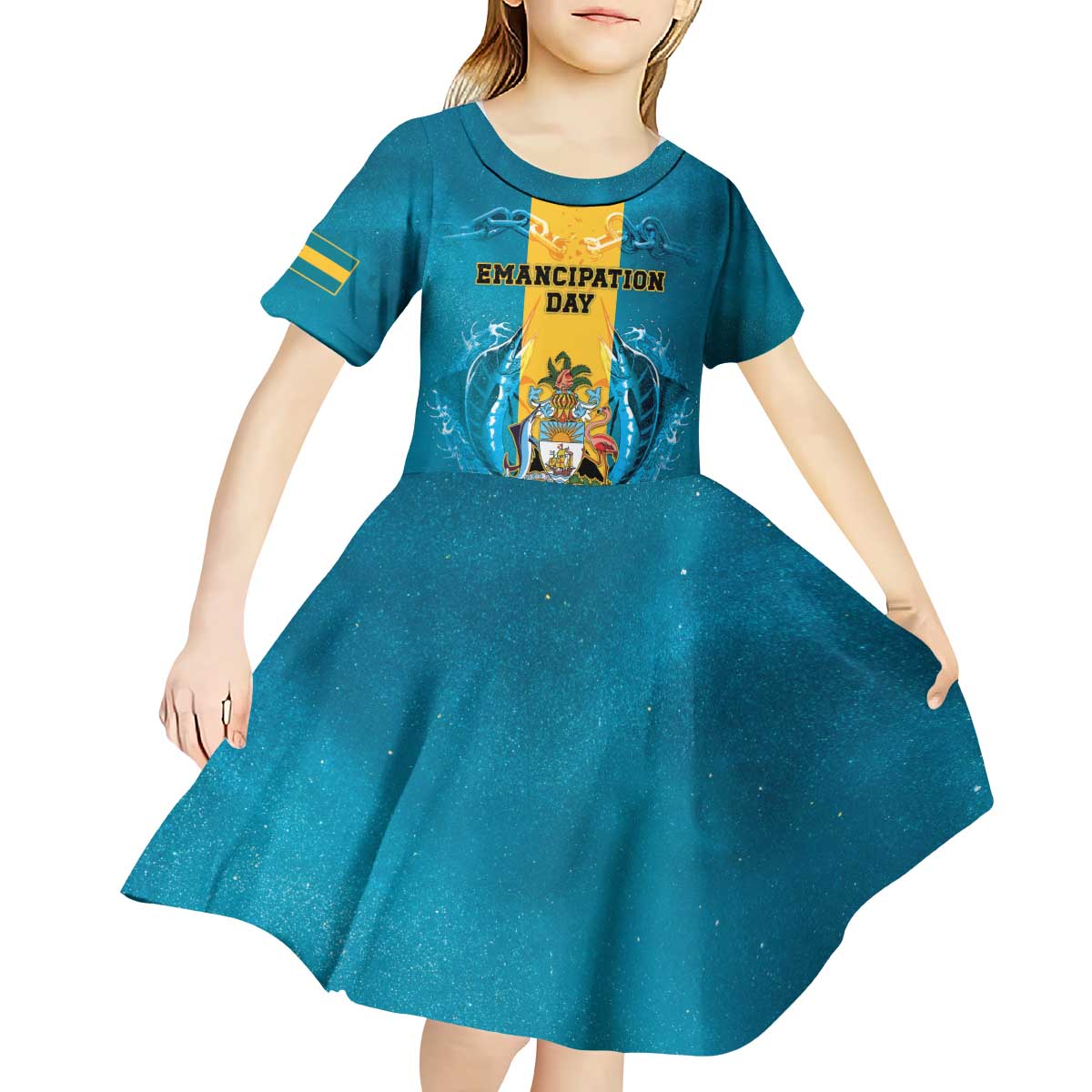 Personalized Bahamas Emancipation Day Kid Short Sleeve Dress Blue Marlin With Coat Of Arms - Wonder Print Shop