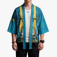 Personalized Bahamas Emancipation Day Kimono Blue Marlin With Coat Of Arms - Wonder Print Shop