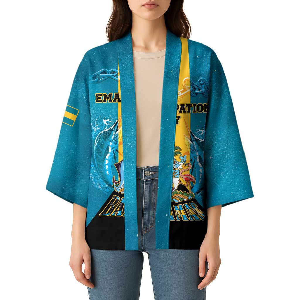 Personalized Bahamas Emancipation Day Kimono Blue Marlin With Coat Of Arms - Wonder Print Shop