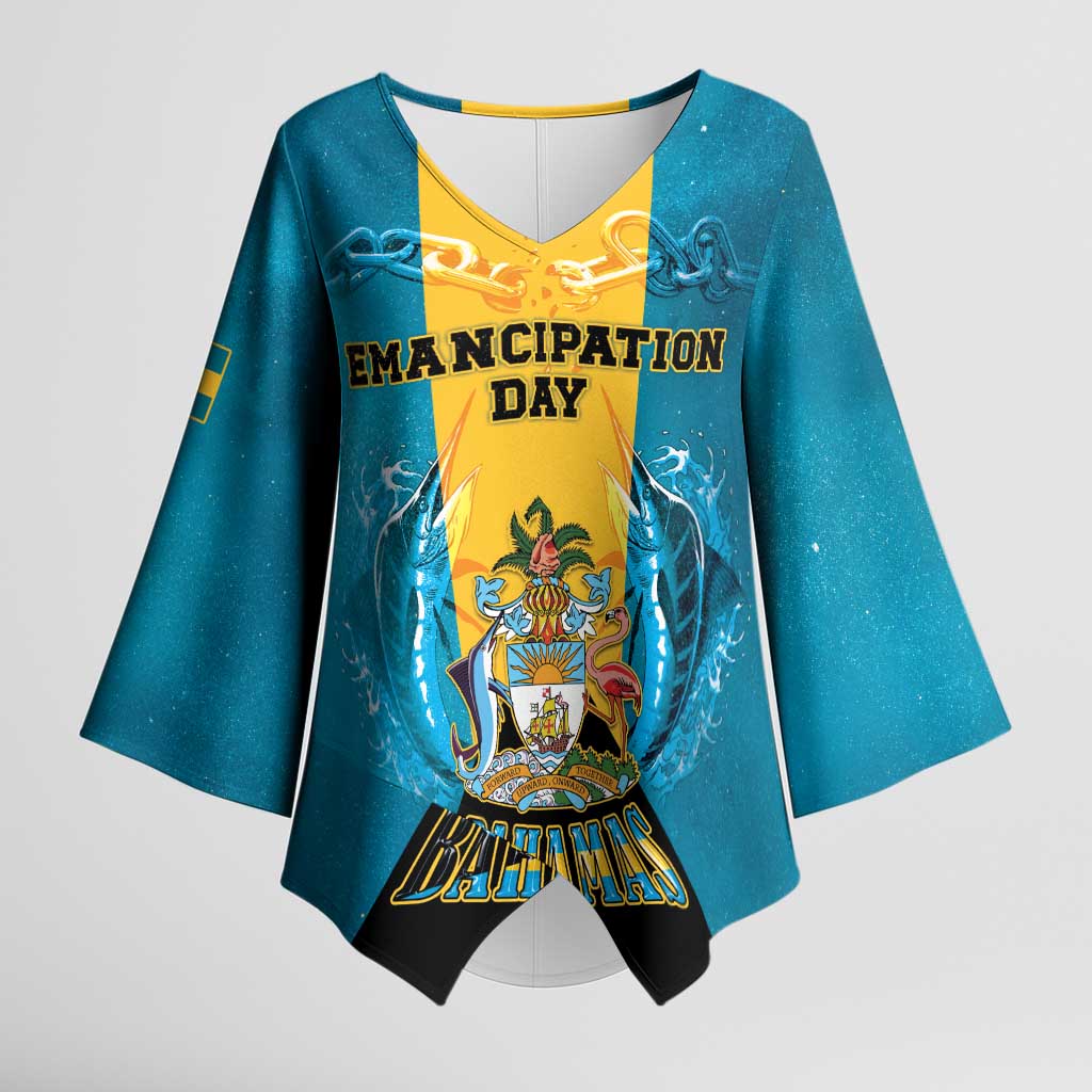 Personalized Bahamas Emancipation Day Kimono Sleeve Blouse Blue Marlin With Coat Of Arms - Wonder Print Shop