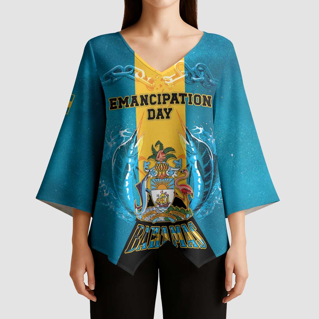 Personalized Bahamas Emancipation Day Kimono Sleeve Blouse Blue Marlin With Coat Of Arms - Wonder Print Shop