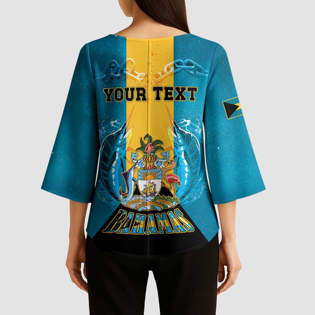 Personalized Bahamas Emancipation Day Kimono Sleeve Blouse Blue Marlin With Coat Of Arms - Wonder Print Shop