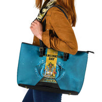 Bahamas Emancipation Day Leather Tote Bag Blue Marlin With Coat Of Arms - Wonder Print Shop