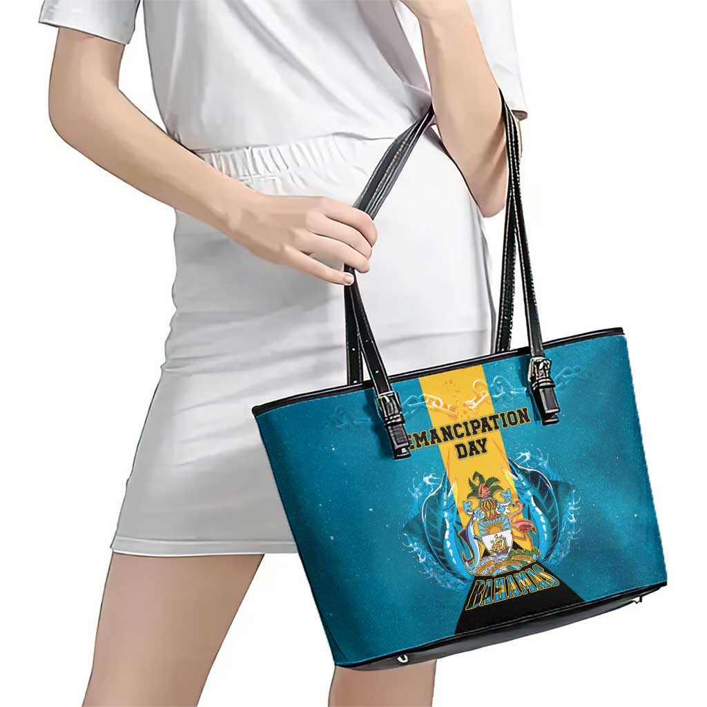 Bahamas Emancipation Day Leather Tote Bag Blue Marlin With Coat Of Arms - Wonder Print Shop