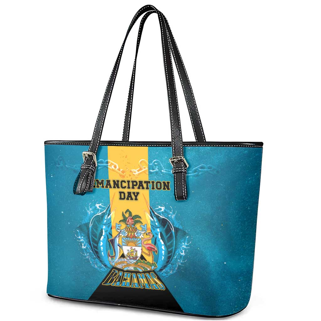 Bahamas Emancipation Day Leather Tote Bag Blue Marlin With Coat Of Arms - Wonder Print Shop