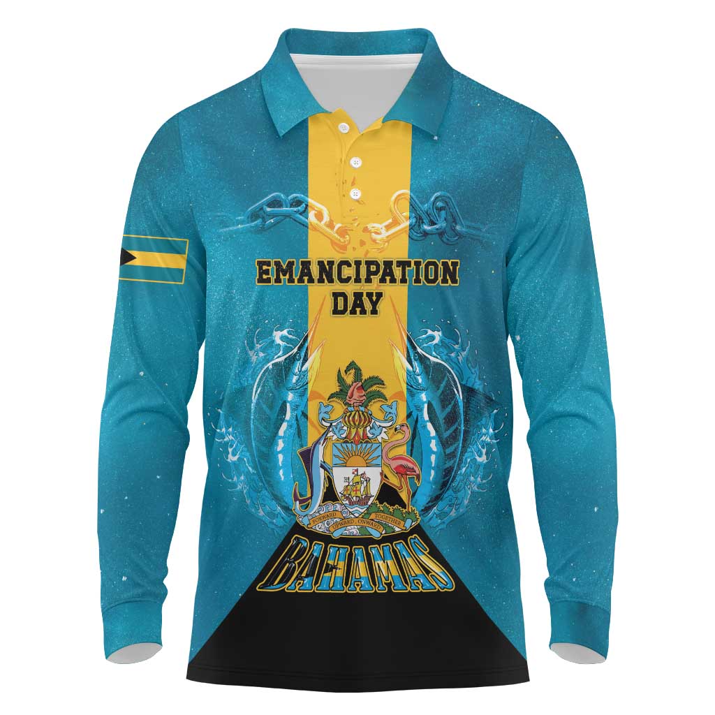 Personalized Bahamas Emancipation Day Long Sleeve Polo Shirt Blue Marlin With Coat Of Arms - Wonder Print Shop