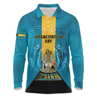 Personalized Bahamas Emancipation Day Long Sleeve Polo Shirt Blue Marlin With Coat Of Arms - Wonder Print Shop