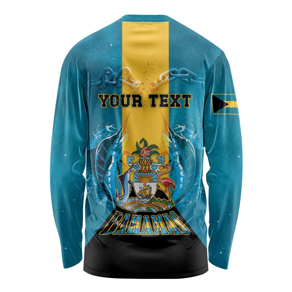 Personalized Bahamas Emancipation Day Long Sleeve Shirt Blue Marlin With Coat Of Arms - Wonder Print Shop