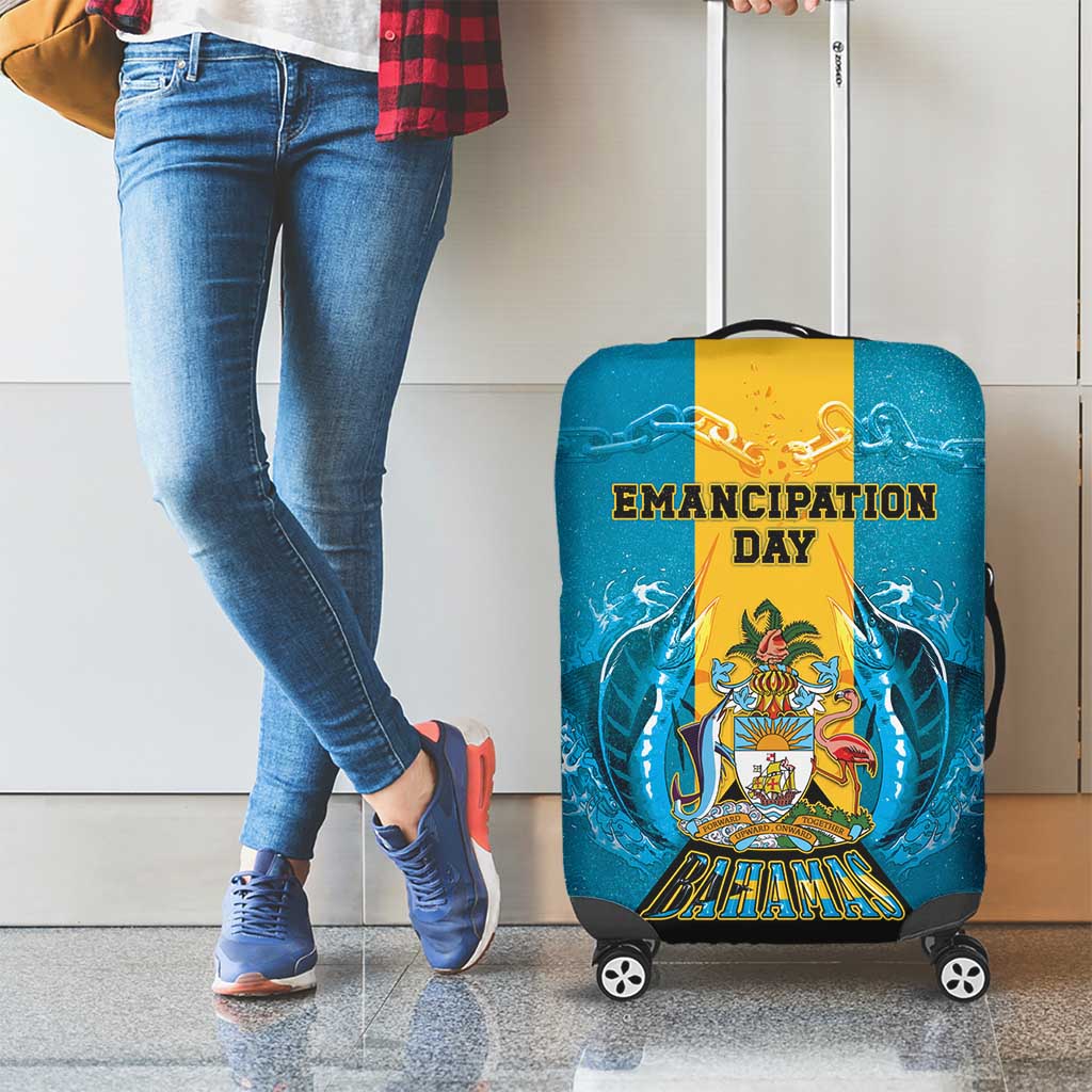 Bahamas Emancipation Day Luggage Cover Blue Marlin With Coat Of Arms - Wonder Print Shop