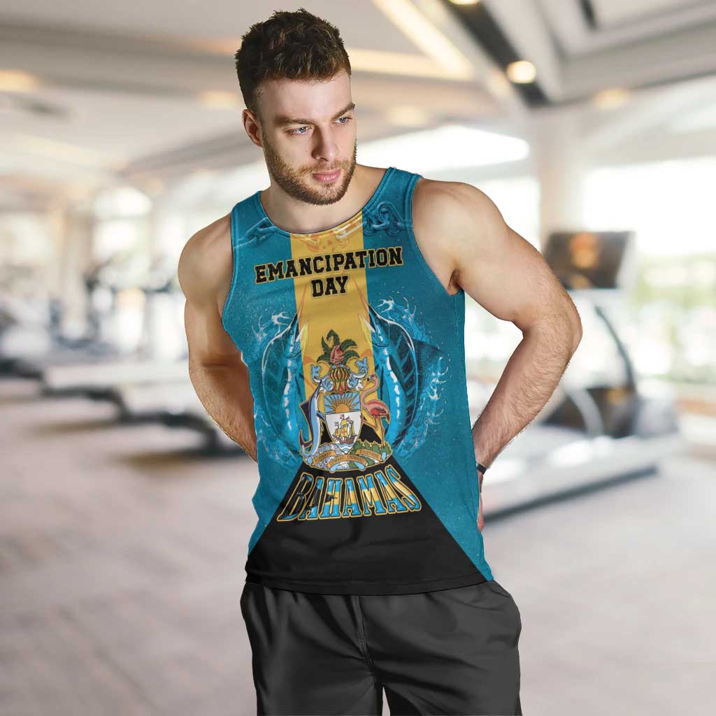 Personalized Bahamas Emancipation Day Men Tank Top Blue Marlin With Coat Of Arms - Wonder Print Shop